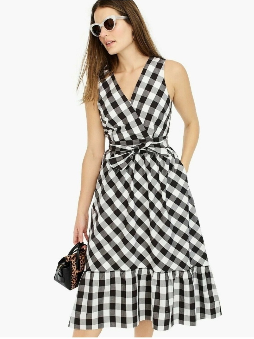 J. Crew Sleeveless Faux-Wrap Dress Gingham Sleeveless Black White Size 10 NWT
